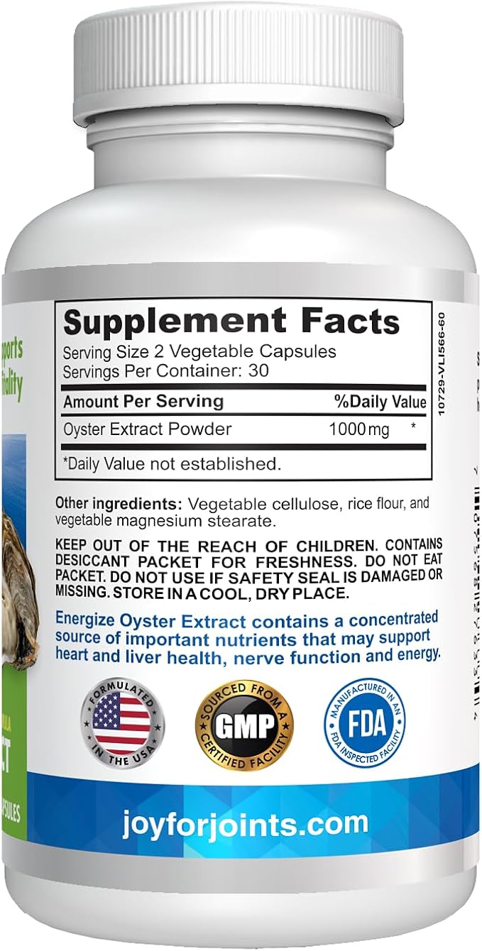 Energize Oyster Extract Highly Concentrated Supplement for Men &amp Women - Zinc Taurine Amino Acid Supports Wellbeing and Energy - 500mg 60 Veg Capsules by Lifespan