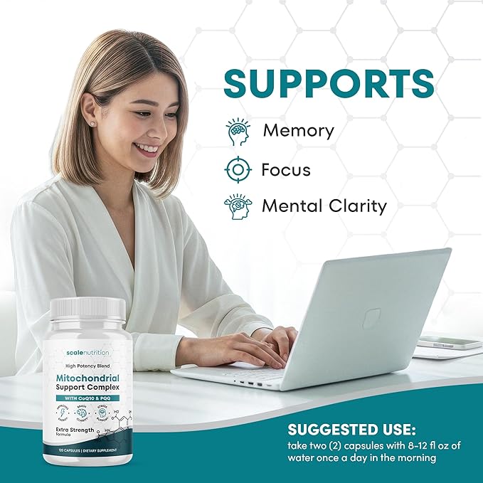 Mitochondrial Support Complex – Energy Focus &amp Brain Clarity Support – CoQ10 PQQ Acetyl-L-Carnitine – Cellular Energy &amp Stress Support Supplement - 120 Capsules