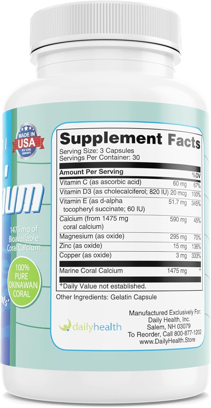 Daily Health - Pure Okinawa Coral Calcium - Marine-Grade Supplement with 72 Trace Minerals - 1475mg 270 Vegetable Capsules (3 Month Supply)