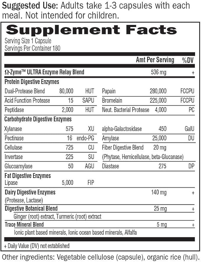 Garden of Life 21 Powerful Digestive Enzymes with Papain Bromelain Lipase Ginger Turmeric for Complete Digestion of Protein Carbs &amp Fats – Omega-Zyme ULTRA Gluten-Free Vegetarian 180 Capsu