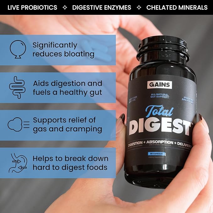 Gains in Bulk Total Digest Digestive Enzymes Prebiotics and Probiotics for Digestive Health Bloating Support Gut Health for Women and Men Promotes Protein Carb and Fat Digestion 270 Capsules
