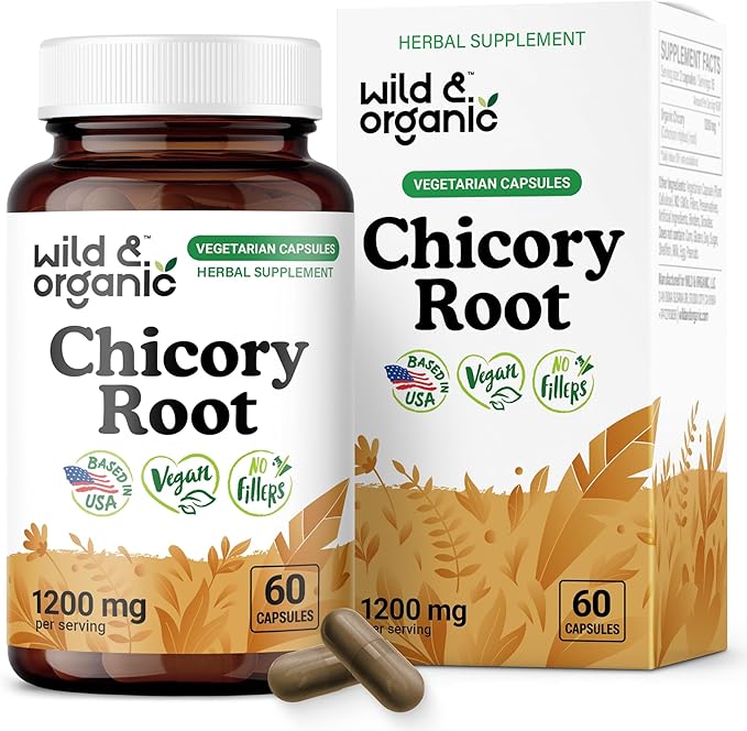 Wild &amp Organic Chicory Root Capsules - 1200 mg of Chicory Root Powder per Serving - Digestive &amp Gut Support - Prebiotic Inulin Supplement - Non-GMO Vegan Inulin Capsules - 60 Count