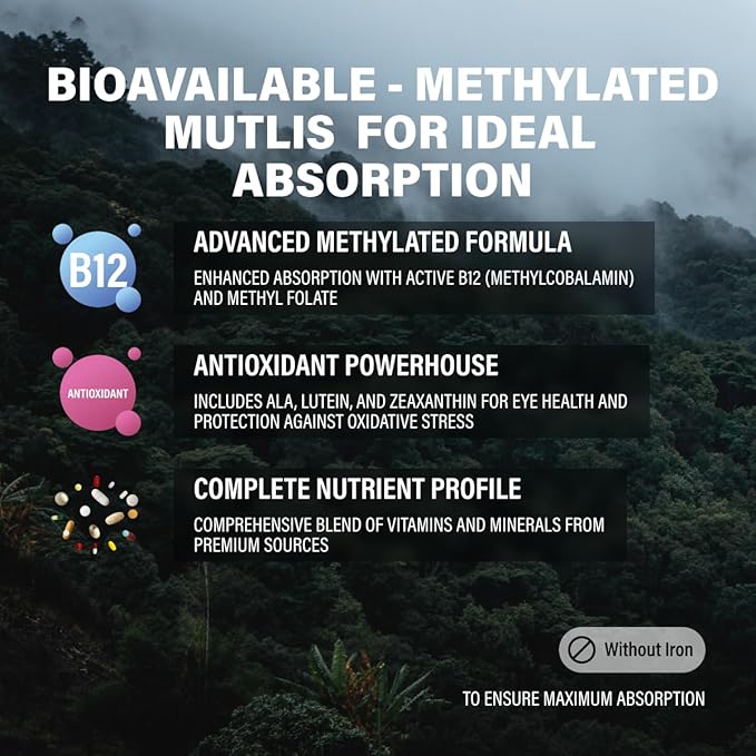 Wild Methylated Multivitamin for Women &amp Men | Daily Multi Vitamin | MTHFR Supplement Without Iron | Methylated B12 Folate Vitamin C A K2 D E Choline Biotin ALA CoQ10 &amp More (Pack of