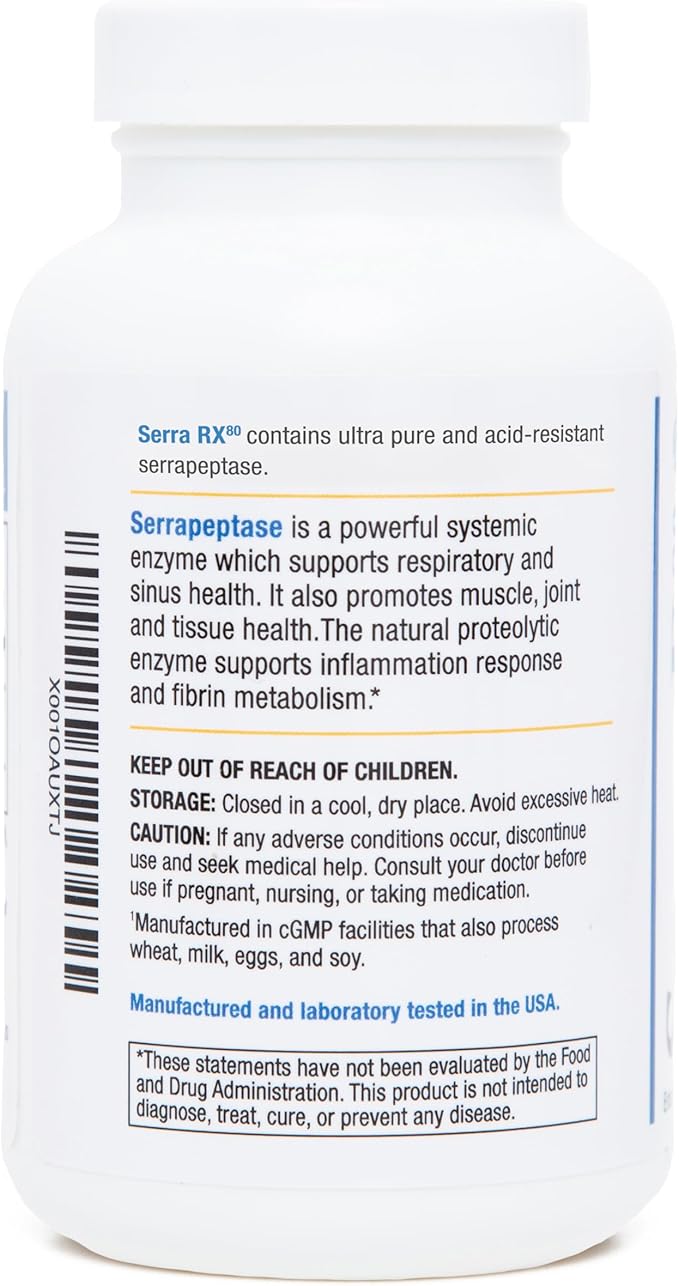 Serra-RX 80000 SU Serrapeptase - Acid-Resstant Proteolytic Systemic Enzyme Non-GMO Gluten Free Vegan Supports Sinus &amp Lung Health 180 Veg Capsules