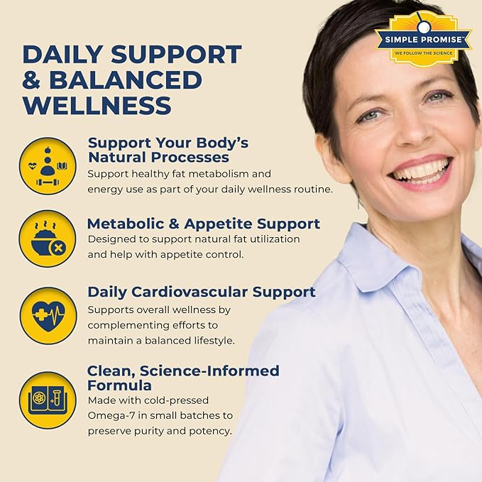 Simple Promise Ultra Omega Burn - Omega-7 Supplement with Pure Palmitoleic Acid - Fish Oil for Metabolism Weight Support &amp Cardiovascular Health - Healthy Heart Support for Men &amp Women | 30 S