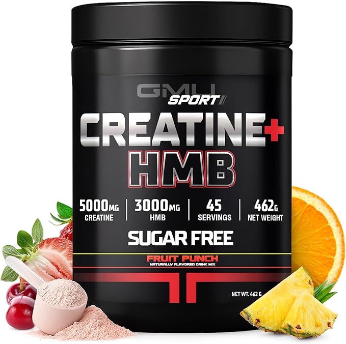 GMU SPORT Creatine HMB Powder – 45 Servings – 5g Creatine Monohydrate + 3g HMB + Piperine – Muscle Growth Strength &amp Recovery – Fruit Punch