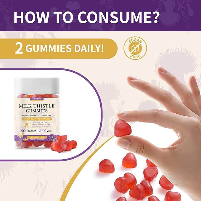Milk Thistle Gummies with 2000MG Extract Liver Health Support Gummies Silymarin Milk Thistle Supplement with Artichoke Dandelion Turmeric Curcumin No Sugar for Adults Vegan 180 Count