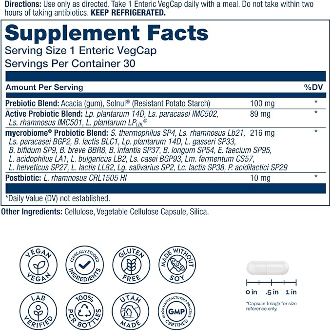 SOLARAY Mycrobiome Complete Probiotic Active - Pre and Probiotics for Women and Men Plus Postbiotic - 50 Billion CFU 23 Strains - Vegan Clinically Studied Ingredients - 30 Servings 30 VegCaps