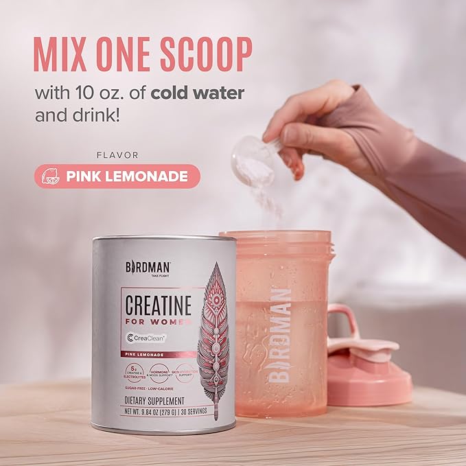 BIRDMAN Creatine for Women | Creatine Monohydrate Powder with Myo &amp D-Chiro Inositol Hyaluronic Acid Zinc Electrolytes and Vitamins | Sugar Free Pink Lemonade | 30 Servings