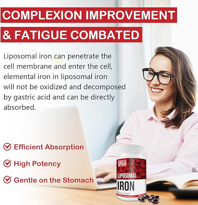 Liposomal Fe Iron Supplement for Women 65 mg Iron Supplement with Folic Acid &amp Vitamin B12 for Men Daily Blood &amp Energy Support for Adults Iron Deficiency 60 Softgels (1 Bottle)