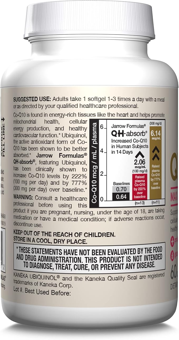 Jarrow Formulas QH-Absorb Ubiquinol 100mg - 60 Softgels - High Absorption &amp Active Antioxidant Form of Co-Q10 - Supports Mitochondrial Energy Production &amp Healthy Cardiovascular Function