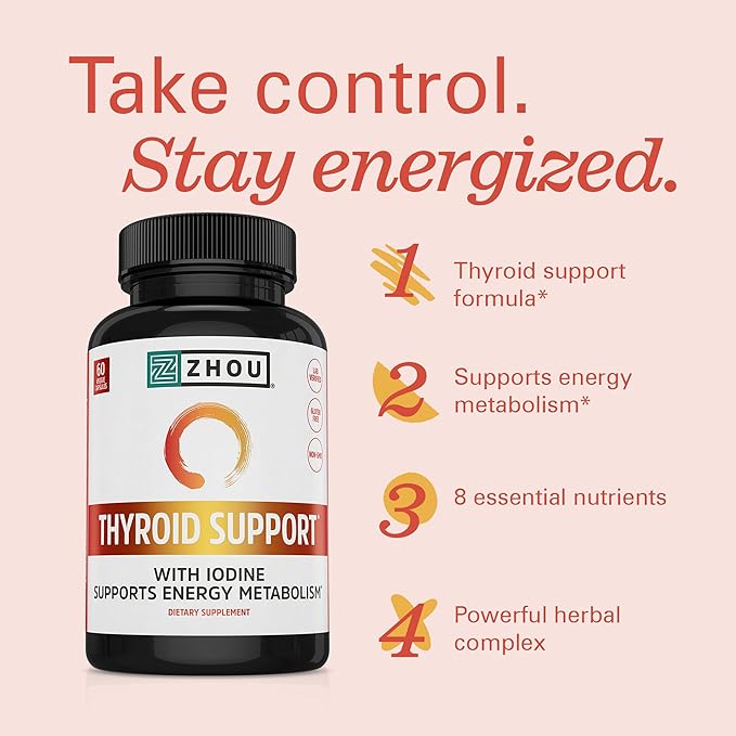 ZHOU Thyroid Support - Thyroid Supplement for Women &amp Men with Zinc Iodine &amp Selenium Cellular Energy Thyroid Complex with Ashwagandha Kelp - 60 Veggie Capsules (Pack of 1)