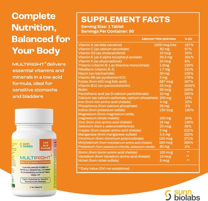 MULTIRIGHT | LOW ACID MULTIVITAMIN for Sensitive Stomachs Bladders | 14 Vitamins &amp 14 Minerals | Bladder-Friendly pH Balanced | Easy on Digestion-Less Acidic | Buffered Vitamin C | 180 Tab (2)