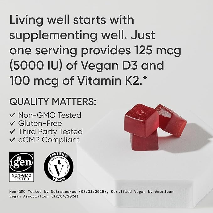 Sports Research® Vegan Vitamin D3 + K2 Sugar-Free Gummies - 125mcg (5000iu) Vitamin D w/ 100mcg Mk7 Vitamin K - Supports Bone &amp Immune Health* - Vegan Certified · Non-GMO · Soy Free - 60 Count