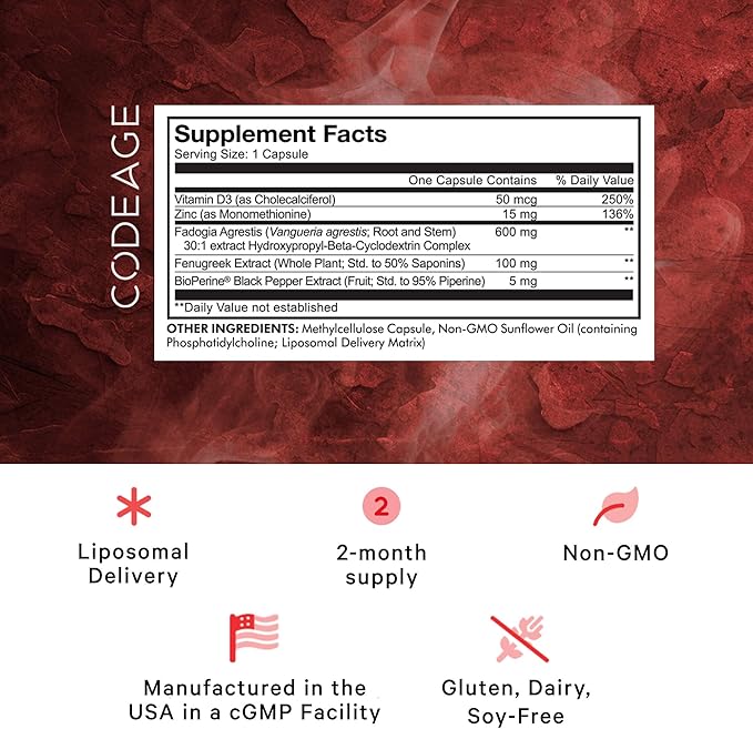 Codeage Liposomal Fadogia Agrestis 600mg Supplement - Fadogia Agrestis 30:1 Extract Vitamin D3 Zinc Fenugreek BioPerine Black Pepper - 2-Month Supply - Liposomal Delivery - Non-GMO 60 Capsules