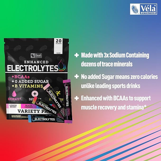 Zeal Naturals Enhanced Electrolyte Powder Stick Packs (Variety Pack - 20 Packets) Sugar Free + BCAA B-Vitamins &amp Pink Himalayan Salt - Keto Electrolytes Hydration Powder