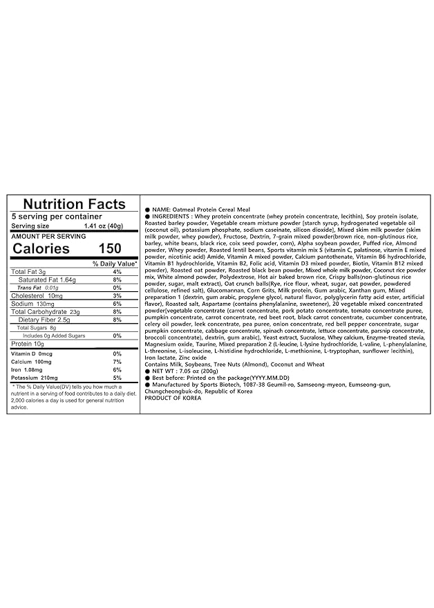 Korean Food Onetwofree Oatmeal Protein Cereal Meal(40g*5P) | Dietary Fiber Essential Amino Acids Vitamins | Low calories 12g Protein | Meal Replacement