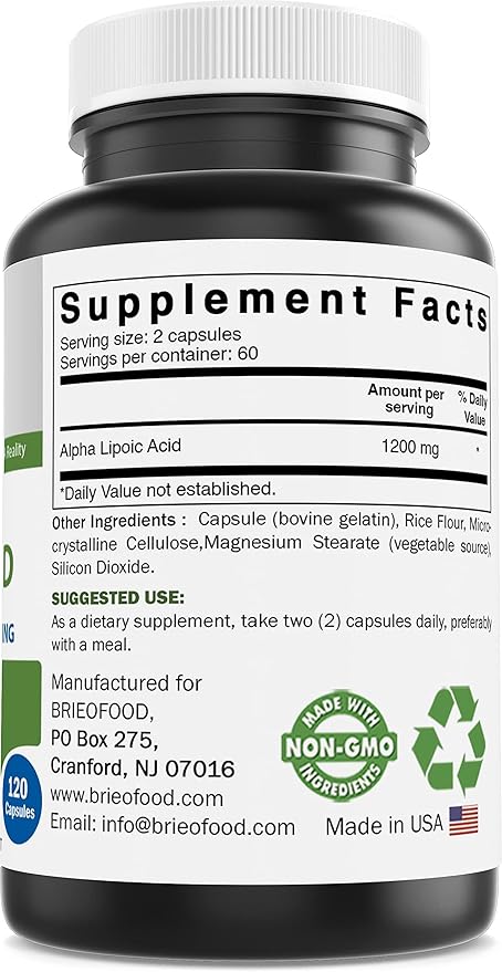 Brieofood Alpha Lipoic Acid 1200mg per Serving - 120 Capsules - Non-GMO Gluten Free