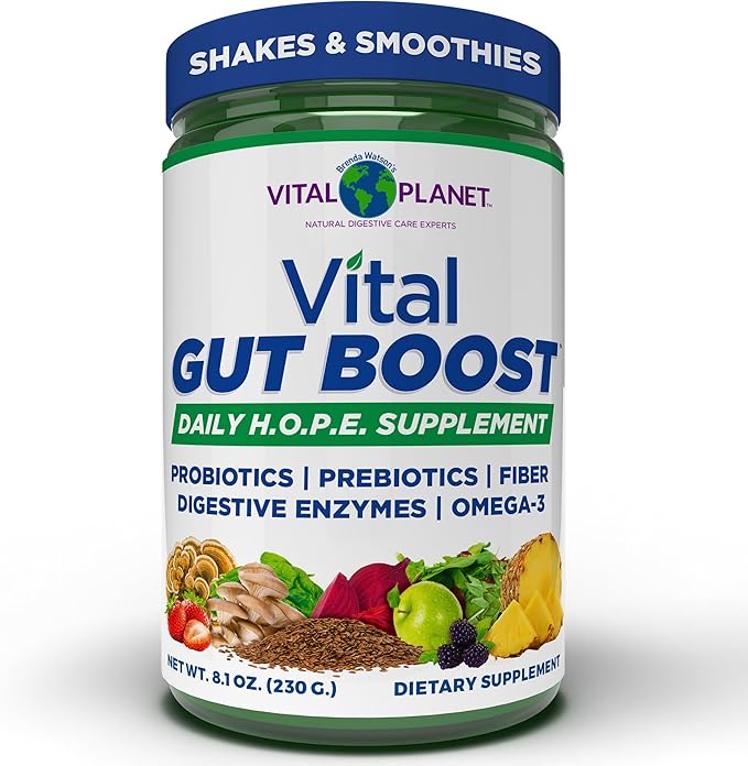 Vital Planet - Vital Gut Boost Powder by Brenda Watson PBS Gut Check Hope Supplement with Fiber 35 Omega 3 Oil Probiotics and Digestive Enzymes 8.1oz 230 Grams 30 Servings