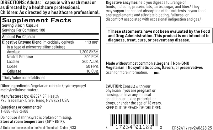 Klaire Labs SFI Health Digestive Enzymes - Gut Health Supplements with Lipase Amylase &amp Protease Enzymes for Digestion - Aid Nutrient Absorption - Help Occasional GI Discomfort (180 Capsules)