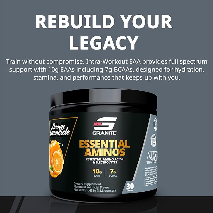 Granite Essential Amino Acids Powder for Muscle Recovery and Growth with 10g EAAs and 7g BCAAs - Soy-Free Gluten-Free 448g (30 Servings) Orange Creamsicle Flavor