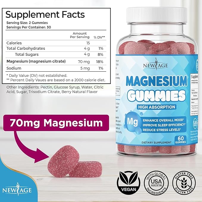 Magnesium Gummies - Calming Anti-Stress Gummies Magnesium Supplement for Adults and Kids Vegan Gelatin-Free Gluten-Free Non-GMO Delicious Natural Raspberry Flavor- 180 Count - by New Age