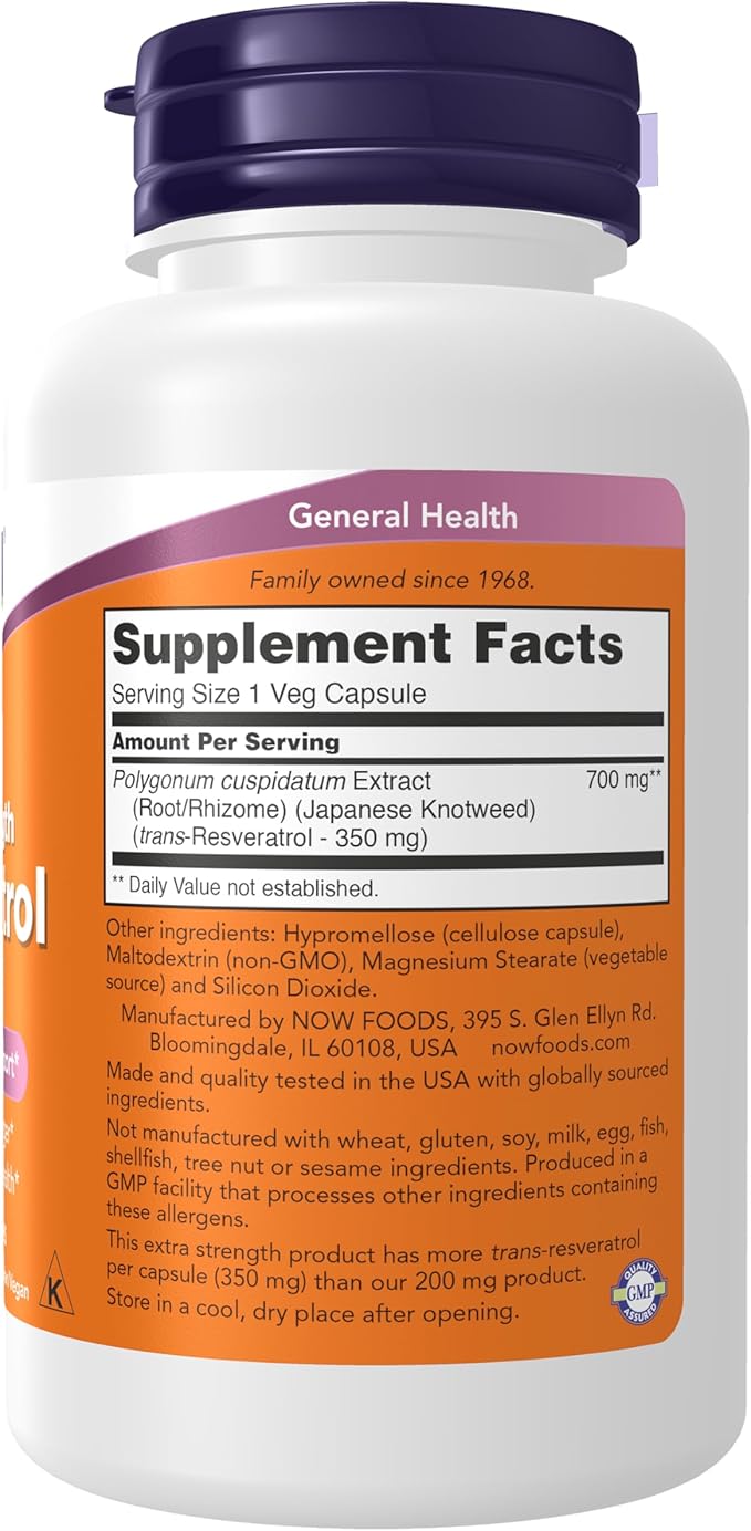 NOW Foods Supplements Extra Strength Resveratrol 350mg Natural Trans Resveratrol from 700 mg Japanese Knotweed Extract 60 Veg Capsule