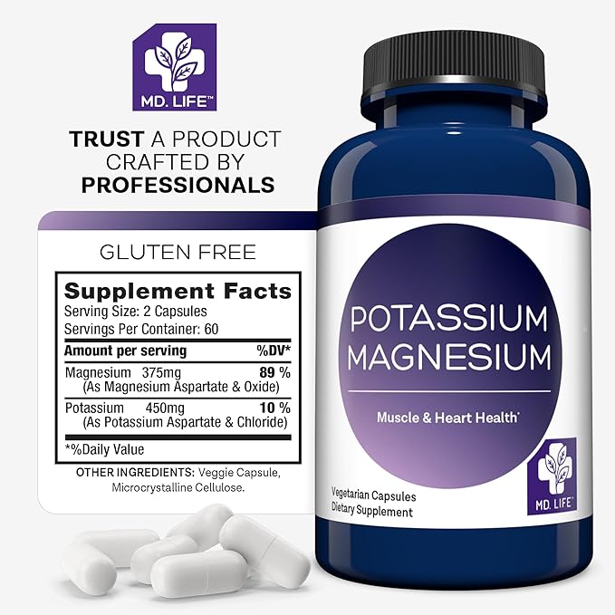 MD. Life Potassium Magnesium Supplement - 120 Capsules - Magnesium Potassium Supplement - High Absorption Complex - Support Vascular Health &amp Leg Cramp