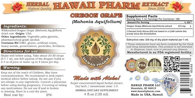 Hawaii Pharm Oregon Liquid Extract Oregon (Mahonia aquifolium) Tincture Herbal Supplement Made in USA 2 fl.oz