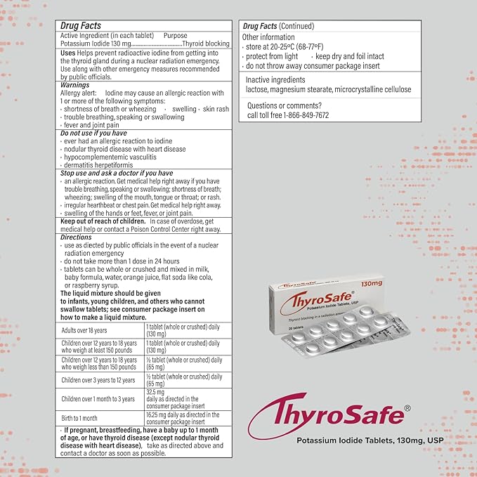 ThyroSafe Potassium Iodide 130mg Tablets (KI Pills) - Iodine for Radiation Emergency Protection | Nuclear Fallout Survival Gear and Emergency Supplies for Prepper Kits | 60 Count