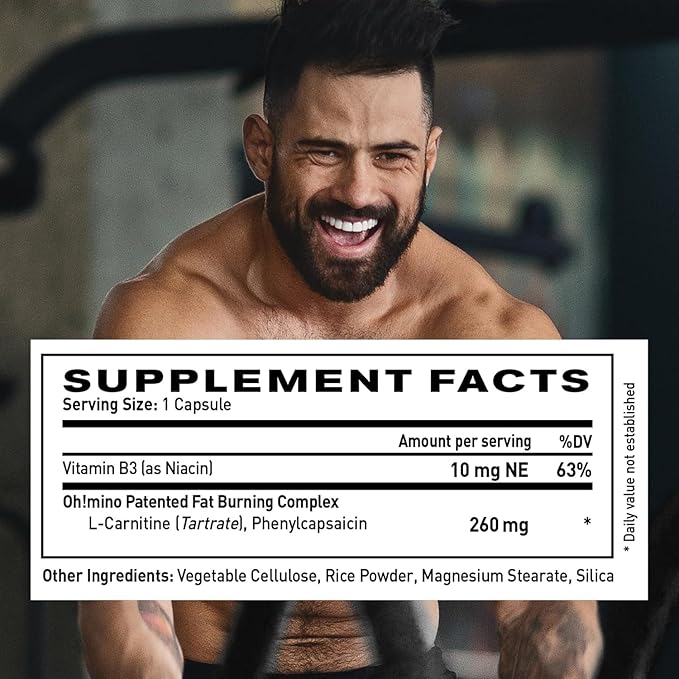 Oh!mino Metabolism Support Supplement for Efficient Fat to Energy Conversion w/L-Carnitine Phenylcapsaicin &amp Vitamin B3 - Non-Jitters Stimulant-Free Vegan Non-Dairy Capsules (60 Servings)