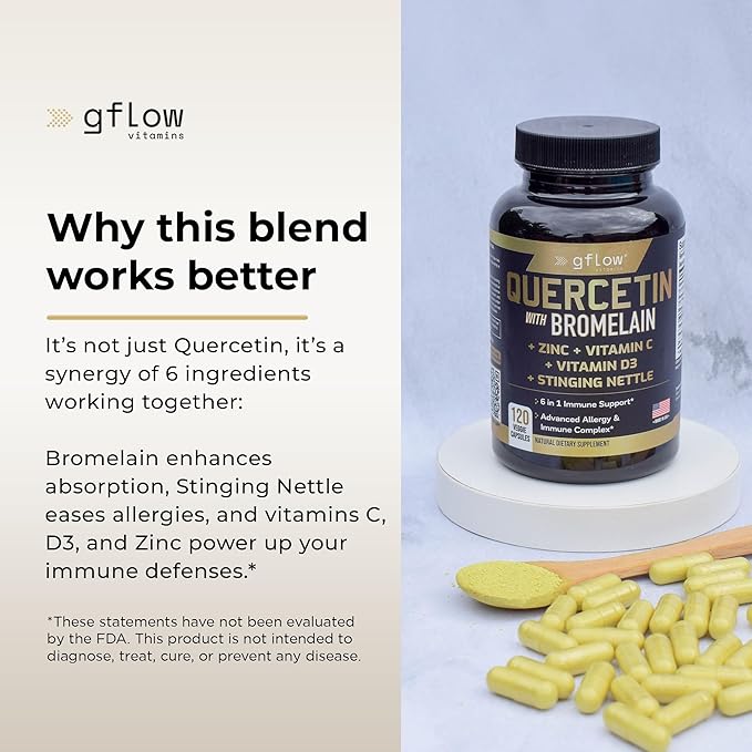 gflow vitamins Quercetin with Bromelain Stinging Nettle Supplement Zinc Vitamin C Vitamin D | Non-GMO Gluten-Free | Made in USA | 2 Months Supply