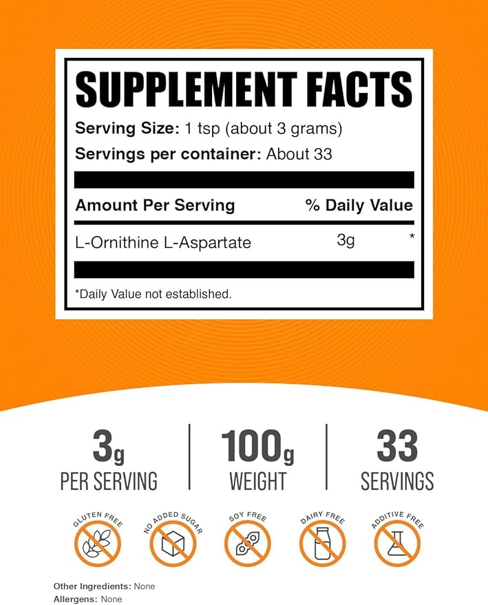 BulkSupplements.com L-Ornithine L-Aspartate Powder - Ornithine Supplement Amino Acid Supplement - Gluten Free 3g per Serving 100g (3.5 oz) (Pack of 2)