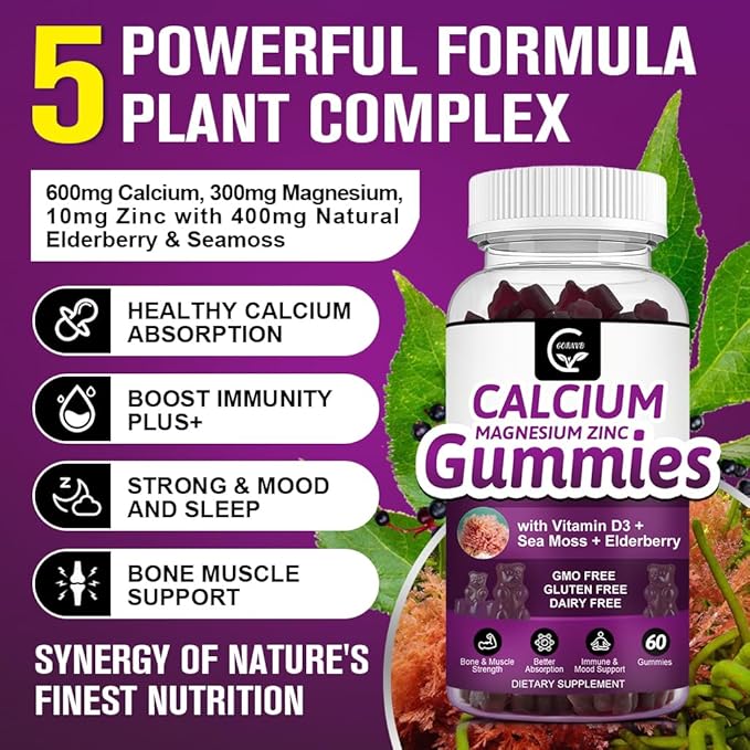 Calcium Magnesium Zinc Gummies with High Absorption Magnesium Glycinate 300mg Potassium - Plant Complex Calcium Magnesium 2:1 Ratio with D3 Sea Moss for Bone Immune &amp Sleep Support Vegan-1 Pac
