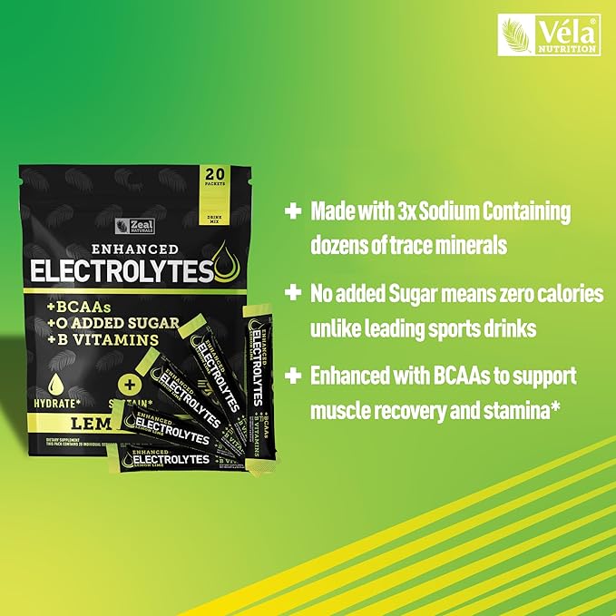 Enhanced Electrolyte Powder Stick Packs (Lemon Lime | 20 Packets) w/ 0 Sugar +BCAAs +B-Vitamins Electrolyte Supplement w Potassium Zinc &amp Magnesium for Hydration - Keto Electrolytes