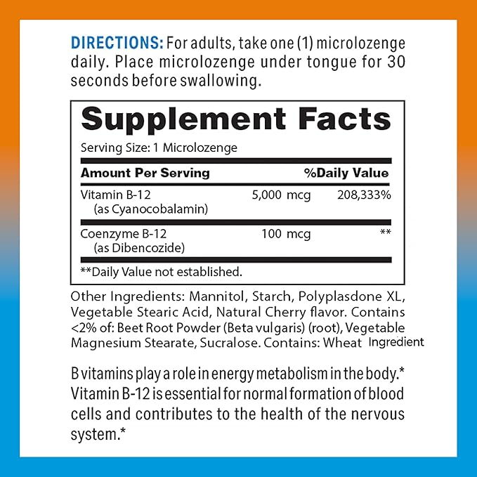 Vitamin World Vitamin B-12 5000 mcg. Sublingual 120 Microlozenges Supports Energy Metabolism Supports Heart Health