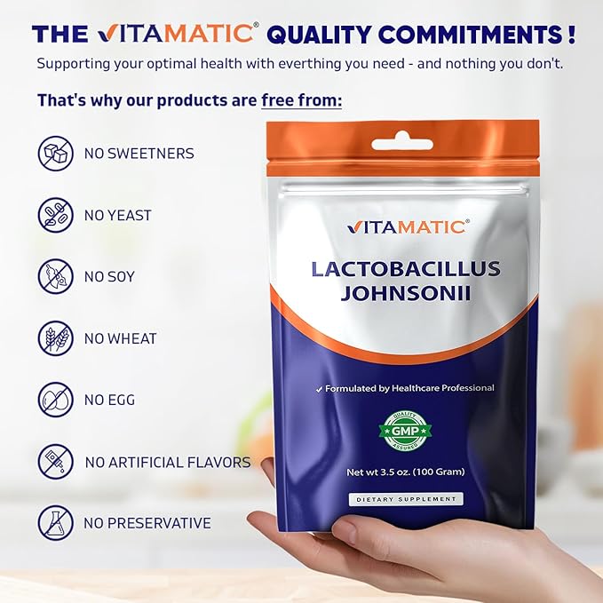 Vitamatic Lactobacillus Johnsonii Probiotic Powder - Digestive Health Support - 100 Gram (3.5 OZ) - 100 Servings