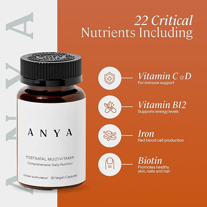 ANYA Postpartum Multivitamin Postnatal Vitamin for Women Breastfeeding 30 Capsules - Vitamins A C D3 Zinc B12 Biotin Folate and Iron - 100% Vegan Non-GMO Gluten Free Baby Shower Gifts