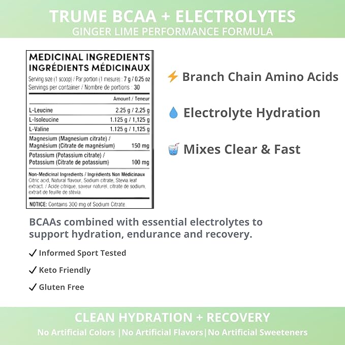 TruMe Informed Sport Certified BCAA - Ginger Lime Banned Substance Tested Amino Acids | Pre Post Workout Recovery | 30 Servings