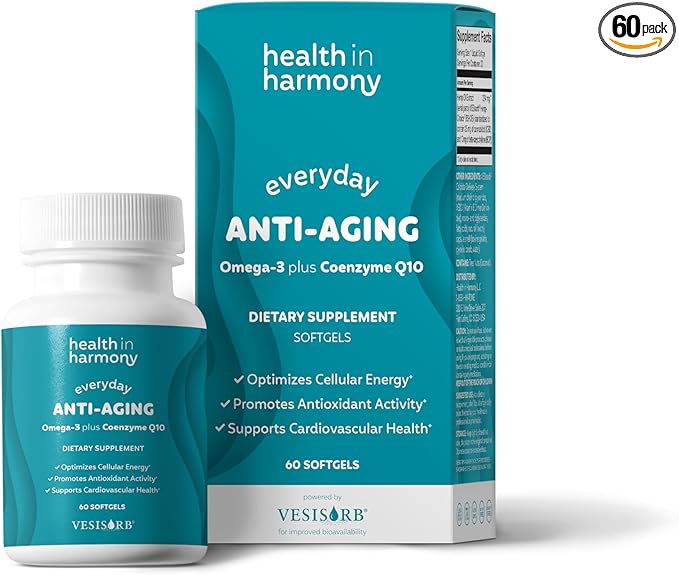 Everyday Anti-Aging Supplement - Omega 3 Fatty Acid Supplements + High Absorption Coq10 - Energy Supplements for Heart Health &amp Overall Vitality - Non GMO Softgels Powered By Vesisorb® (60 Ct)