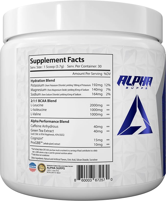 Alpha Supps Amino NRG+ BCAA Amino Energy Recovery Powder - Hydration Blend with Electrolytes - Focus Blend for Optimal Performance Support in Men &amp Women (30 Servings Fruit Burst)