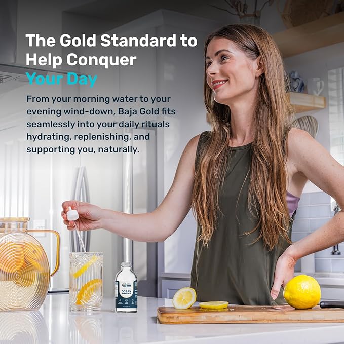 Baja Gold Liquid Ocean Trace Mineral Drops - Ionic Electrolyte Drops for Drinking Water &amp Food Flavor Enhancement - Mineral-Rich Saline Solution &amp Oral Cleanse - 4 fl oz 30-Day Supply