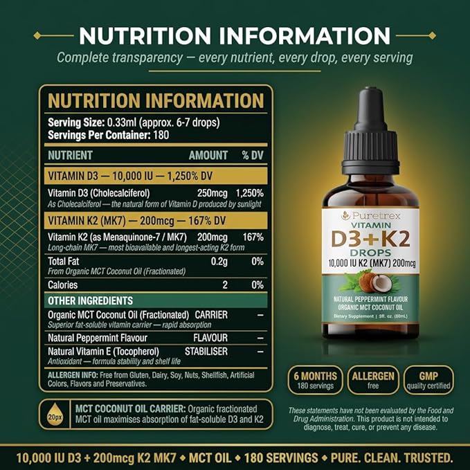 Vitamin D3 + K2 Drops 10000 IU D3 with 200mcg K2 (MK7) Peppermint Flavour Organic MCT Coconut Oil 60mL 6 Month Supply