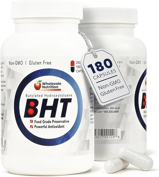 Wholesale Nutrition BHT - 250mg Potent Antioxidant - Non-GMO Gluten-Free - Enhance Oil/Fat Preservation - Pure Butylated Hydroxytoluene for Foods/Oils - 180 Capsules