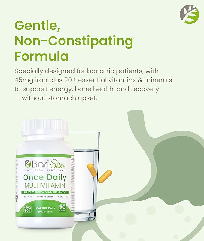 BariSlim Once Daily Bariatric Multivitamin Capsule - 45mg of Iron - Bariatric Vitamin &amp Supplement for Post Bariatric Surgery Including Gastric Bypass &amp Gastric Sleeve | 90 Day Supply