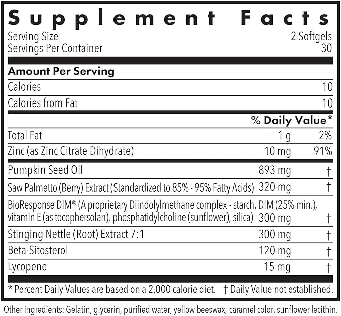 Allergy Research Group DIM Palmetto - Prostate Support Supplement for Men's Health Zinc with Saw Palmetto Beta Sitosterol Stinging Nettle Extract Pumpkin Seed Oil Softgels - 60 Count