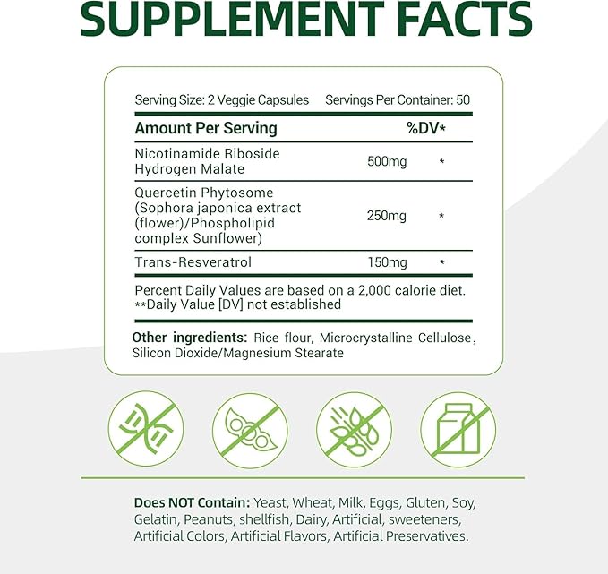 NAD+ Supplement with Nicotinamide Riboside &amp Resveratrol 900mg – Anti-Aging Support for Women &amp Men NMN Alternative Vegan Non-GMO - 100 Capsules 2 Pack