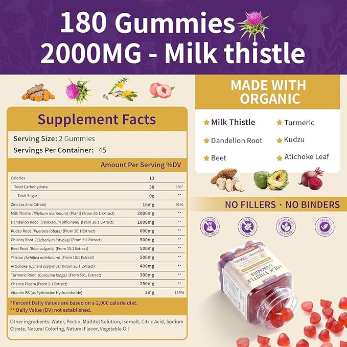 Milk Thistle Gummies with 2000MG Extract Liver Health Support Gummies Silymarin Milk Thistle Supplement with Artichoke Dandelion Turmeric Curcumin No Sugar for Adults Vegan 180 Count