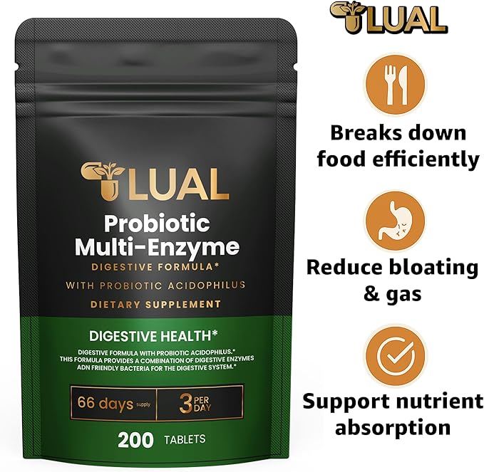 LUAL Probiotic Multi-Enzyme for Digestive Health. Probiotic + Digestive Enzymes for Women &amp Men. Lactobacillus Acidophilus Bromelain Papain | 200 Tablets – 66 Days Supply