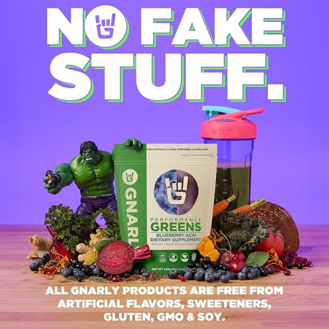 Gnarly Nutrition Greens Superfood Powder – Blueberry Acai Performance Super Greens Powder – NSF Sport Certified – Organic Probiotics &amp Essential Micronutrients - Blueberry Acai 11.64 oz